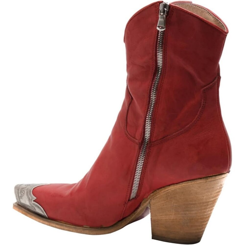 Women's Red Western Cowgirl Ankle Boots Stacked Block Heel Steel Toe Heeled - Picture 3 of 7